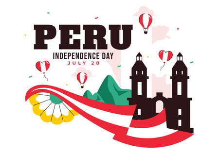 Happy Peru Independence Day Vector Illustration on july 28 Featuring a Waving National Flag and Decorative Ribbon in a Festive Backgroundのイラスト素材
