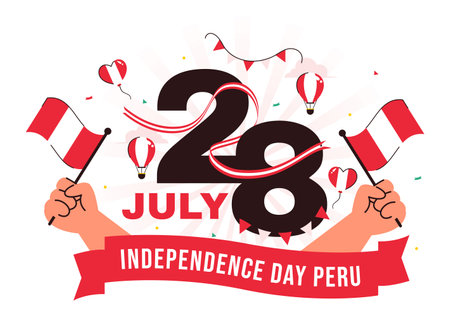 Happy Peru Independence Day Vector Illustration on july 28 Featuring a Waving National Flag and Decorative Ribbon in a Festive Backgroundのイラスト素材