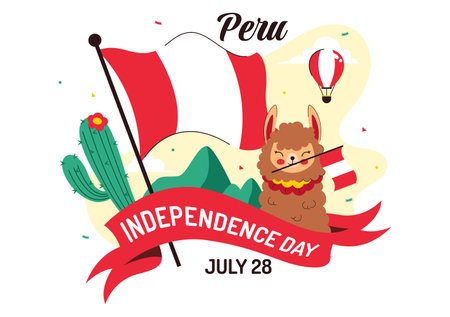 Happy Peru Independence Day Vector Illustration on july 28 Featuring a Waving National Flag and Decorative Ribbon in a Festive Backgroundのイラスト素材