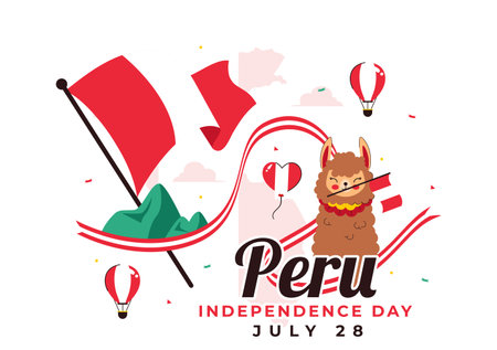 Happy Peru Independence Day Vector Illustration on july 28 Featuring a Waving National Flag and Decorative Ribbon in a Festive Backgroundのイラスト素材
