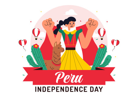 Happy Peru Independence Day Vector Illustration on july 28 Featuring a Waving National Flag and Decorative Ribbon in a Festive Backgroundのイラスト素材