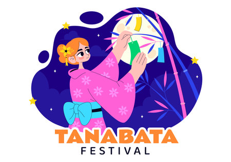 Tanabata Japan Festival Vector Illustration Featuring People Wearing Kimono and Peony Flowers in a National Holiday Flat Style Cartoon Backgroundのイラスト素材