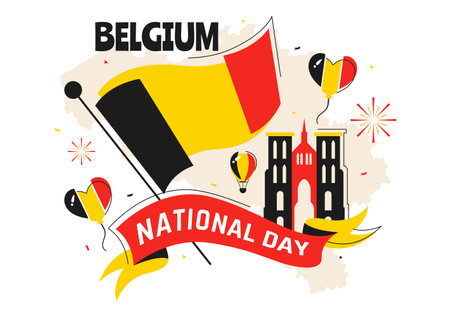Happy Belgium Independence Day Vector Illustration on July 21, Featuring the National Celebration with a Waving Belgian Flag and Festive Ribbonのイラスト素材