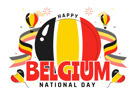 Happy Belgium Independence Day Vector Illustration on July 21, Featuring the National Celebration with a Waving Belgian Flag and Festive Ribbonのイラスト素材
