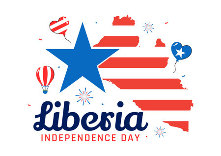 Happy Liberia Independence Day Vector Illustration on July 26 Featuring a Waving Flag and Ribbon in a National Holiday Flat Cartoon Background Designのイラスト素材