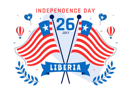 Happy Liberia Independence Day Vector Illustration on July 26 Featuring a Waving Flag and Ribbon in a National Holiday Flat Cartoon Background Designのイラスト素材