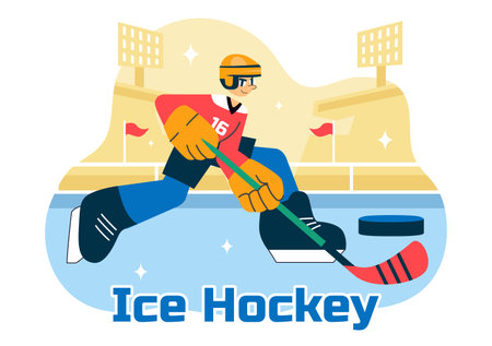 Ice Hockey Player Sport Vector Illustration featuring a Helmet, Stick, Puck, and Skates on an Ice Surface for Game or Championship in a Backgroundのイラスト素材