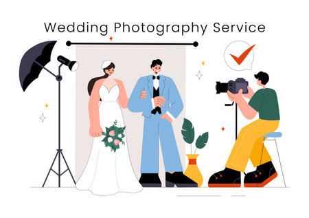 Wedding Photography Service Vector Illustration featuring a Bride and Groom Posing for a Photo Taken by a Photographer to the Important Momentsのイラスト素材