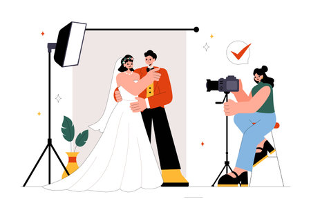 Wedding Photography Service Vector Illustration featuring a Bride and Groom Posing for a Photo Taken by a Photographer to the Important Momentsのイラスト素材