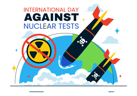 International Day Against Nuclear Tests Vector Illustration for August 29 Celebration Featuring the Earth and a Rocket Bomb in a Flat Backgroundのイラスト素材