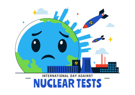 International Day Against Nuclear Tests Vector Illustration for August 29 Celebration Featuring the Earth and a Rocket Bomb in a Flat Backgroundのイラスト素材