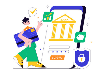 Mobile Banking Vector Illustration featuring a Wallet App for Payment via Phone and Wireless Cash Transactions using Credit and Debit Cards Backgroundのイラスト素材