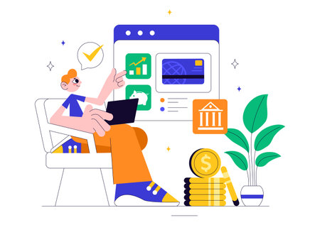 Mobile Banking Vector Illustration featuring a Wallet App for Payment via Phone and Wireless Cash Transactions using Credit and Debit Cards Backgroundのイラスト素材