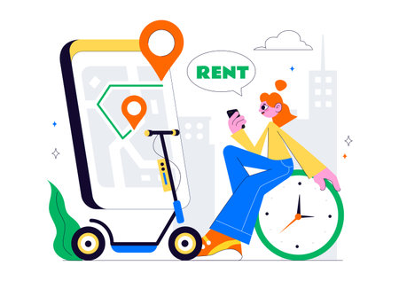 Electric Scooter Rental Service Vector Illustration featuring Transportation You Can Rent for a Quick and Eco Friendly Ride in a Flat Style Backgroundのイラスト素材