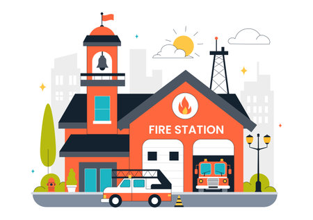 Fire Station Building Vector Illustration Featuring a Department and Fire Engine Car with Firefighters in a Flat Style Cartoon Backgroundのイラスト素材