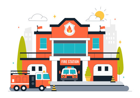 Fire Station Building Vector Illustration Featuring a Department and Fire Engine Car with Firefighters in a Flat Style Cartoon Backgroundのイラスト素材