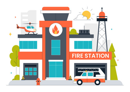 Fire Station Building Vector Illustration Featuring a Department and Fire Engine Car with Firefighters in a Flat Style Cartoon Backgroundのイラスト素材