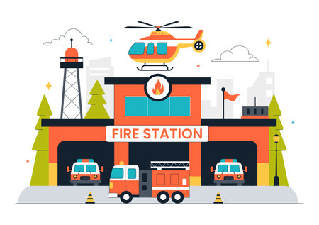Fire Station Building Vector Illustration Featuring a Department and Fire Engine Car with Firefighters in a Flat Style Cartoon Backgroundのイラスト素材