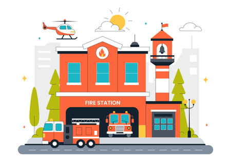 Fire Station Building Vector Illustration Featuring a Department and Fire Engine Car with Firefighters in a Flat Style Cartoon Backgroundのイラスト素材