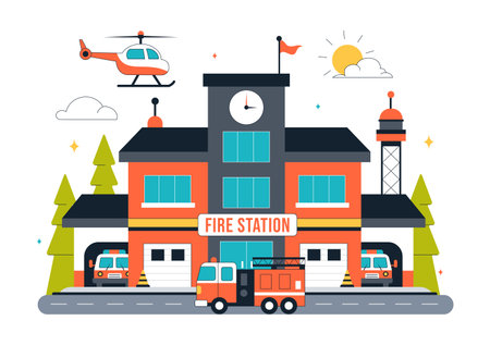 Fire Station Building Vector Illustration Featuring a Department and Fire Engine Car with Firefighters in a Flat Style Cartoon Backgroundのイラスト素材