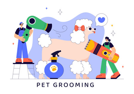 Pet Grooming Vector Illustration featuring the Maintenance of Cleanliness, Health, and Appearance of Pets such as a Dog or Cat in a Backgroundのイラスト素材