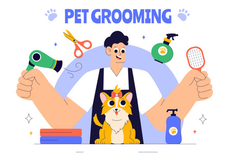 Pet Grooming Vector Illustration featuring the Maintenance of Cleanliness, Health, and Appearance of Pets such as a Dog or Cat in a Backgroundのイラスト素材