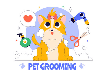 Pet Grooming Vector Illustration featuring the Maintenance of Cleanliness, Health, and Appearance of Pets such as a Dog or Cat in a Backgroundのイラスト素材