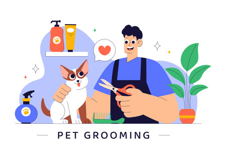 Pet Grooming Vector Illustration featuring the Maintenance of Cleanliness, Health, and Appearance of Pets such as a Dog or Cat in a Backgroundのイラスト素材