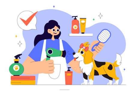 Pet Grooming Vector Illustration featuring the Maintenance of Cleanliness, Health, and Appearance of Pets such as a Dog or Cat in a Backgroundのイラスト素材