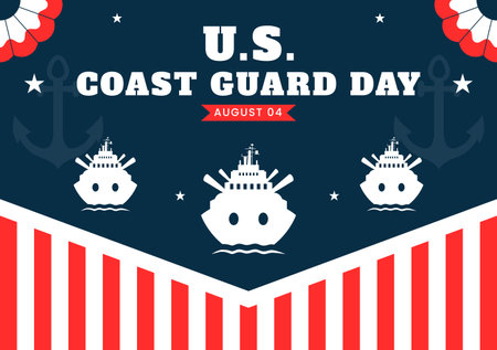 Coast Guard Day United States Vector Illustration on August 4, Featuring an American Waving Flag and a ship to Commemorate the National Holidayのイラスト素材
