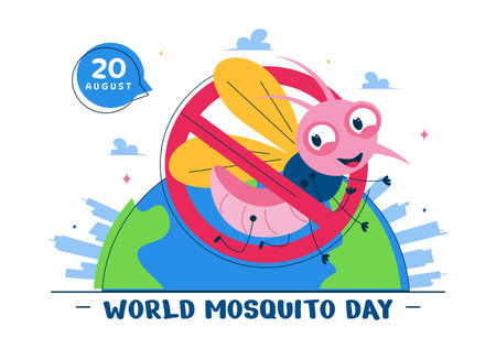World Mosquito Day Vector Illustration on August 20th, featuring the Earth and a Midge that Can Cause Dengue Fever and Malaria in a Flat Backgroundのイラスト素材