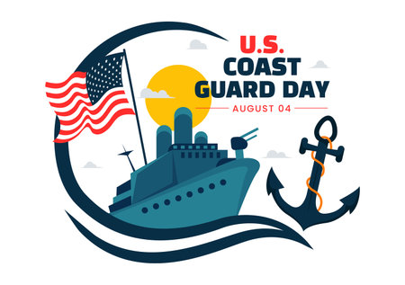 Coast Guard Day United States Vector Illustration on August 4, Featuring an American Waving Flag and a ship to Commemorate the National Holidayのイラスト素材