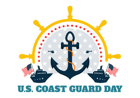 Coast Guard Day United States Vector Illustration on August 4, Featuring an American Waving Flag and a ship to Commemorate the National Holidayのイラスト素材