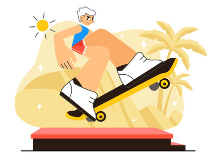 Skateboarding Vector Illustration featuring Skateboarders Jumping on a Springboard in a Skatepark, Extreme Sports Activities in a Flat Backgroundのイラスト素材