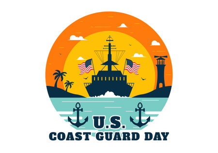 Coast Guard Day United States Vector Illustration on August 4, Featuring an American Waving Flag and a ship to Commemorate the National Holidayのイラスト素材