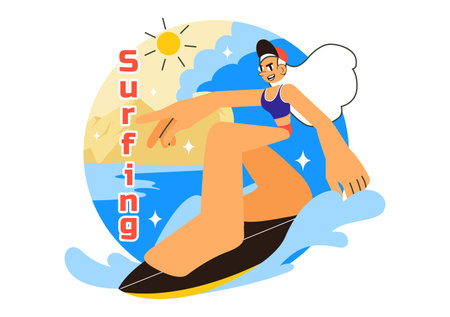 Summer Surfing Vector Illustration of Water Sports Activities, Featuring Surfboards Riding Ocean Waves or Floating in a Flat Style Cartoon Backgroundのイラスト素材