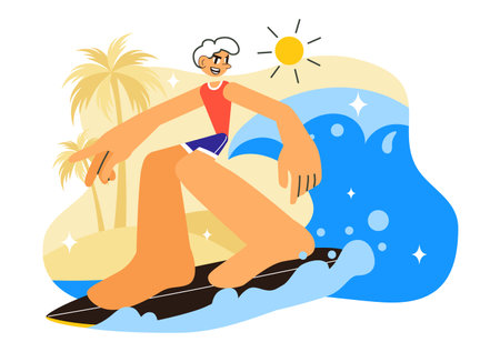 Summer Surfing Vector Illustration of Water Sports Activities, Featuring Surfboards Riding Ocean Waves or Floating in a Flat Style Cartoon Backgroundのイラスト素材
