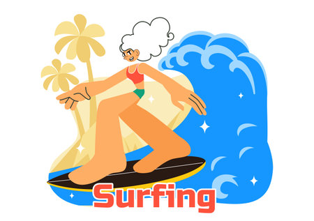 Summer Surfing Vector Illustration of Water Sports Activities, Featuring Surfboards Riding Ocean Waves or Floating in a Flat Style Cartoon Backgroundのイラスト素材
