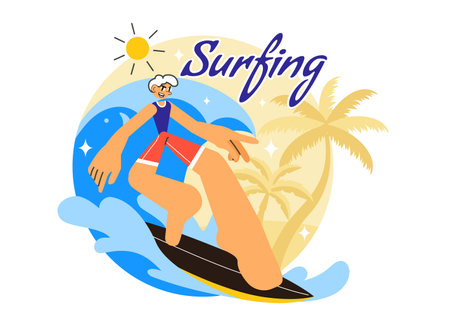 Summer Surfing Vector Illustration of Water Sports Activities, Featuring Surfboards Riding Ocean Waves or Floating in a Flat Style Cartoon Backgroundのイラスト素材