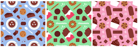 Chocolate Dessert Seamless Pattern Illustration with Melted Sweets and Cakes in Flat Cartoon Styleのイラスト素材