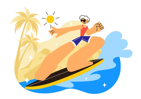 Summer Surfing Vector Illustration of Water Sports Activities, Featuring Surfboards Riding Ocean Waves or Floating in a Flat Style Cartoon Backgroundのイラスト素材