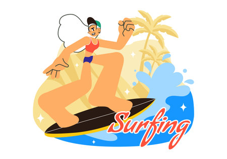 Summer Surfing Vector Illustration of Water Sports Activities, Featuring Surfboards Riding Ocean Waves or Floating in a Flat Style Cartoon Backgroundのイラスト素材