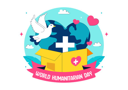 Vector Illustration for World Humanitarian Day Featuring Global Acts of Kindness, Charity, Volunteer Work, and Community Support in a Flat Backgroundのイラスト素材