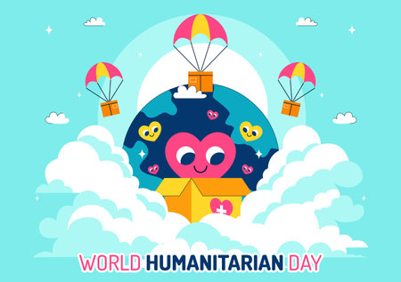 Vector Illustration for World Humanitarian Day Featuring Global Acts of Kindness, Charity, Volunteer Work, and Community Support in a Flat Backgroundのイラスト素材