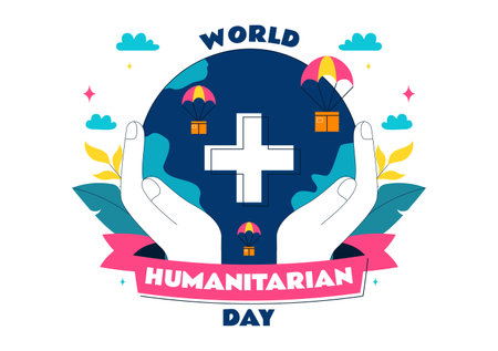 Vector Illustration for World Humanitarian Day Featuring Global Acts of Kindness, Charity, Volunteer Work, and Community Support in a Flat Backgroundのイラスト素材