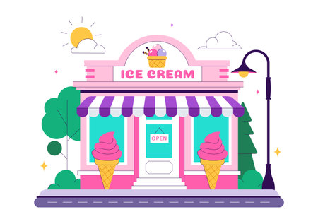 Ice Cream Store Vector Illustration featuring a Building for Selling Delicious Desserts and Various Flavors in a Flat Style Cartoon Backgroundのイラスト素材