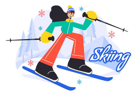 Skiing Vector Illustration Featuring Skiers Sliding Down a Snowy Mountain at a Ski Resort in Winter Sports Activities in a Flat Style Backgroundのイラスト素材