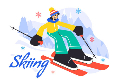 Skiing Vector Illustration Featuring Skiers Sliding Down a Snowy Mountain at a Ski Resort in Winter Sports Activities in a Flat Style Backgroundのイラスト素材