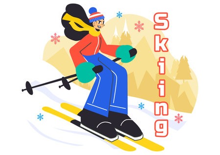 Skiing Vector Illustration Featuring Skiers Sliding Down a Snowy Mountain at a Ski Resort in Winter Sports Activities in a Flat Style Backgroundのイラスト素材