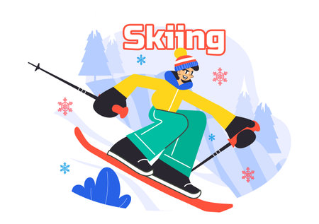 Skiing Vector Illustration Featuring Skiers Sliding Down a Snowy Mountain at a Ski Resort in Winter Sports Activities in a Flat Style Backgroundのイラスト素材